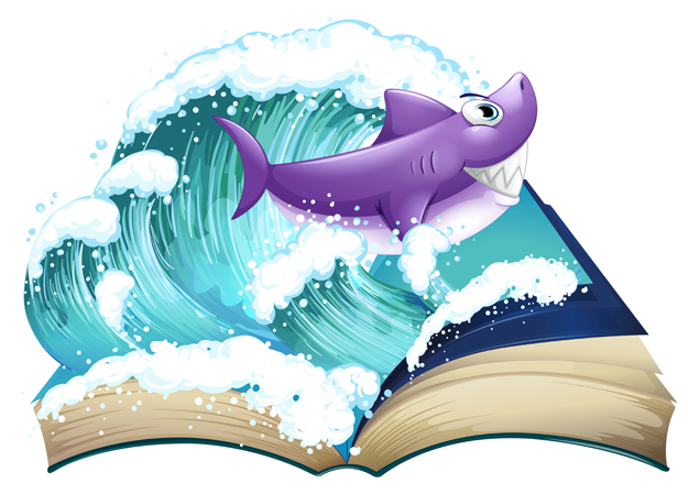 Illustration of a storybook with a shark and a big wave on a whi
